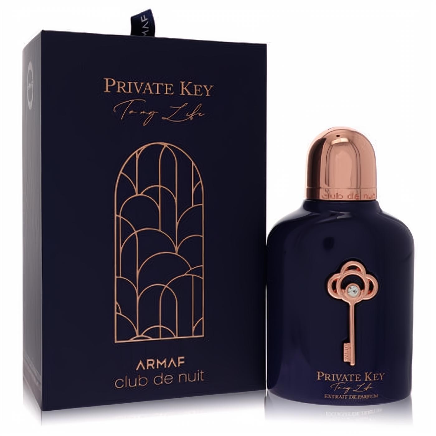 Luxurious Armaf Private Key To My Life 3.4 oz unisex extrait de parfum. Navy bottle with rose gold key, gem, cap, beside elegant box.