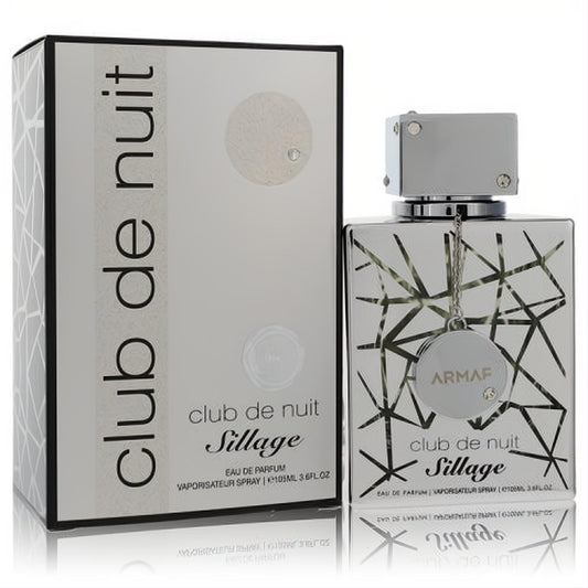 Armaf Club De Nuit Sillage 3.6 oz unisex EDP. Striking silver bottle with shattered glass design, elegant cap, and matching box.