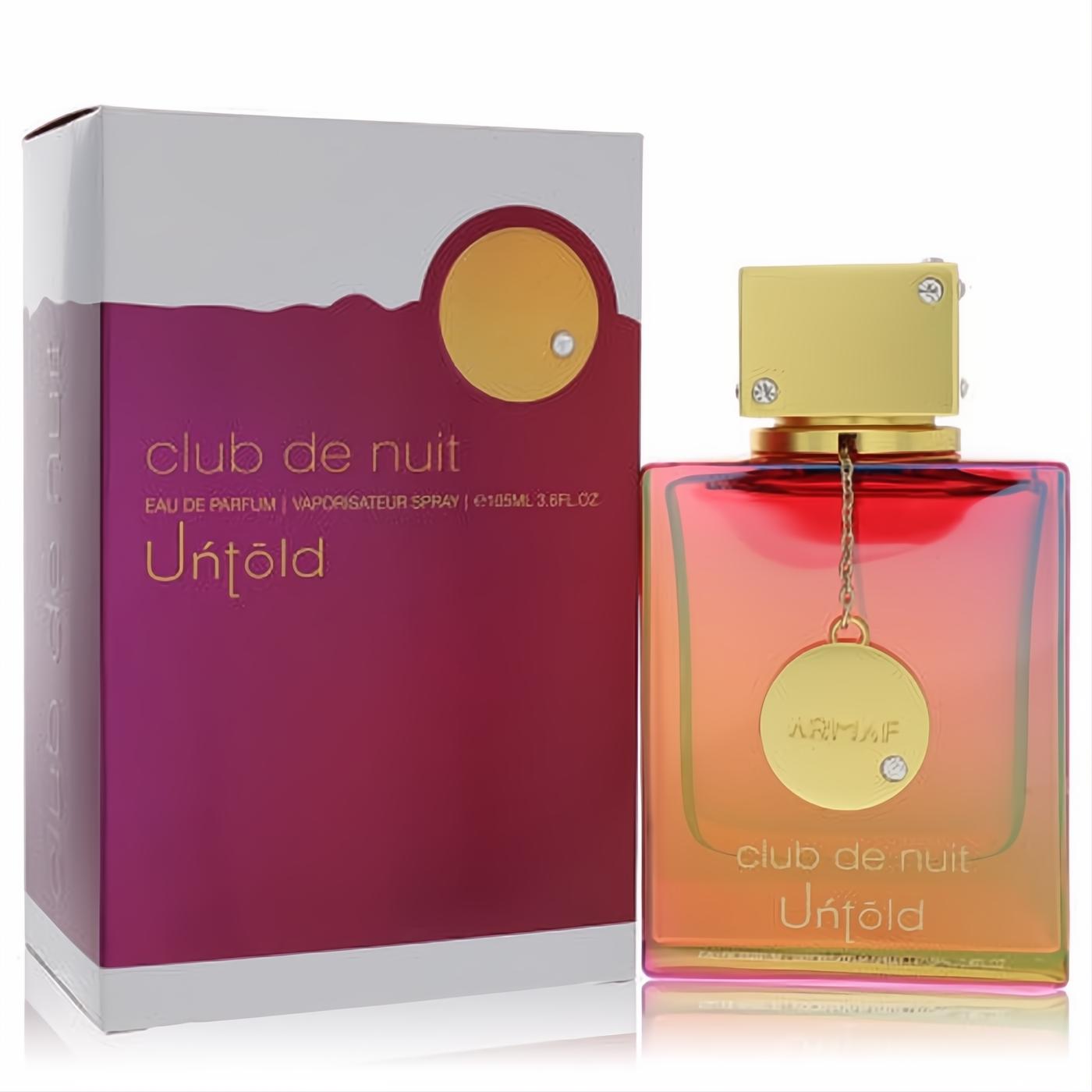 Discover Armaf Club De Nuit Untold 3.6 oz unisex EDP. Features a vibrant ombre glass bottle, elegant gold crystal cap, and matching white/magenta box.