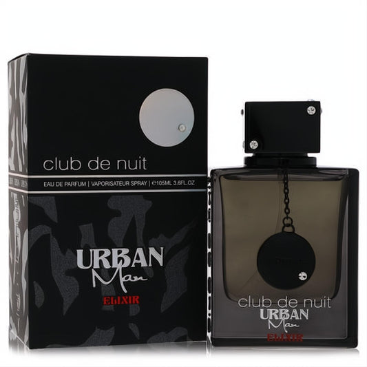 Armaf Club De Nuit Urban Man Elixir 3.6 oz EDP. Modern dark glass bottle with black cap, chain, and matching sleek black box.