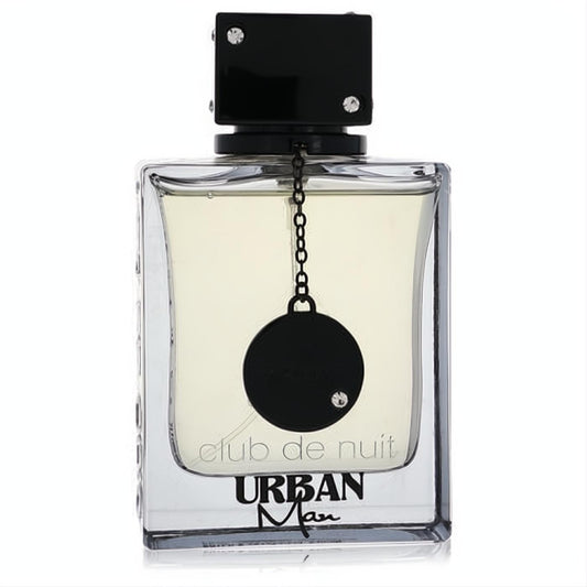 Bold Armaf Club De Nuit Urban Man 3.4 oz EDP. Sleek clear glass bottle with a studded black cap and distinctive internal chain detail.