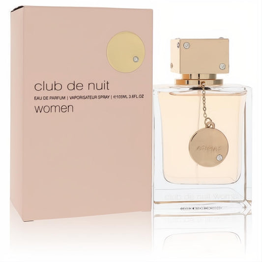 Seductive Club De Nuit by Armaf 3.6 oz women's EDP. Clear bottle, sparkling gold cap, ARMAF charm, and pink box.