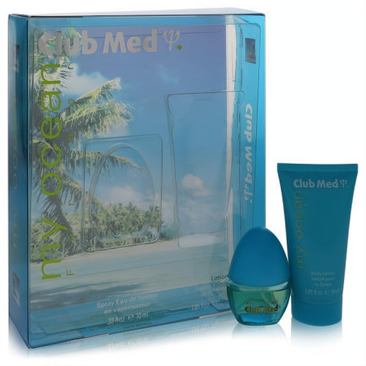 Refreshing Club Med My Ocean gift set: .33 oz egg-shaped mini EDT spray with blue cap and 1.85 oz blue body lotion.