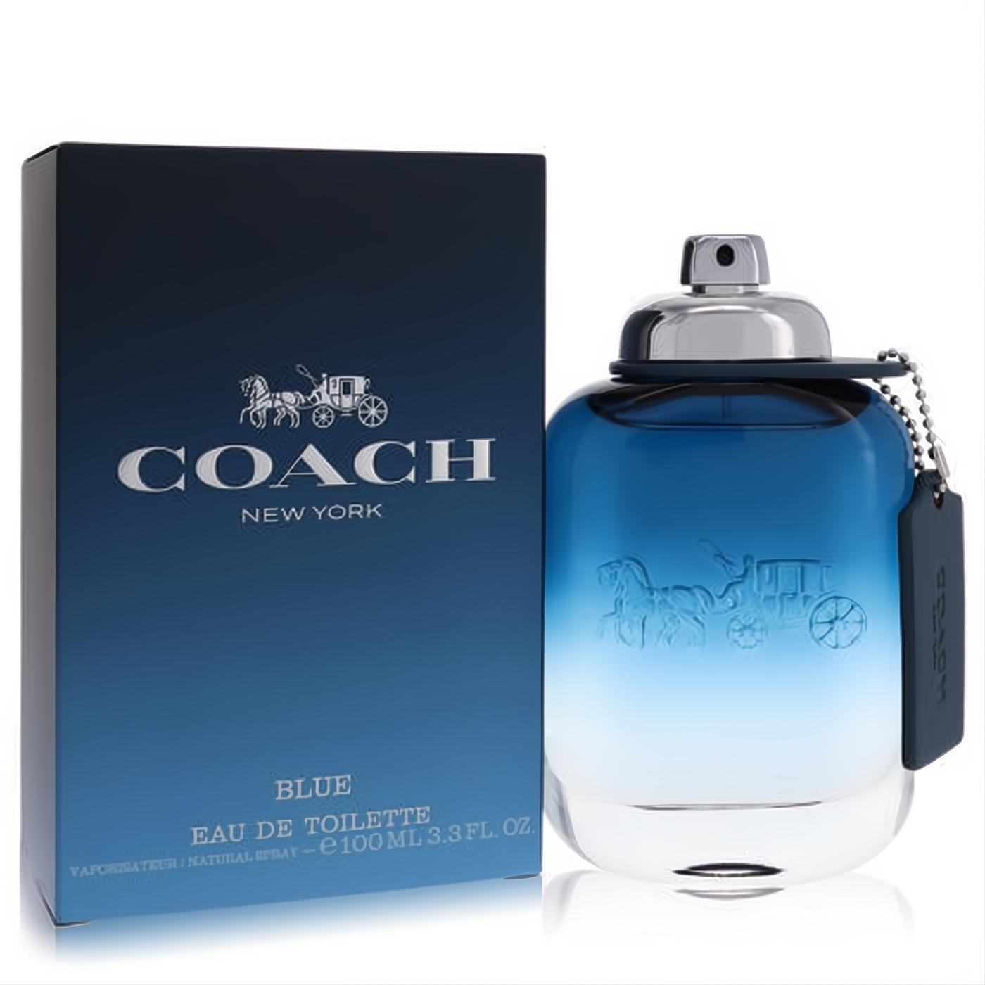 Coach Blue men's 3.3 oz EDT, a sleek blue gradient bottle with silver cap, signature Coach tag, and matching box.