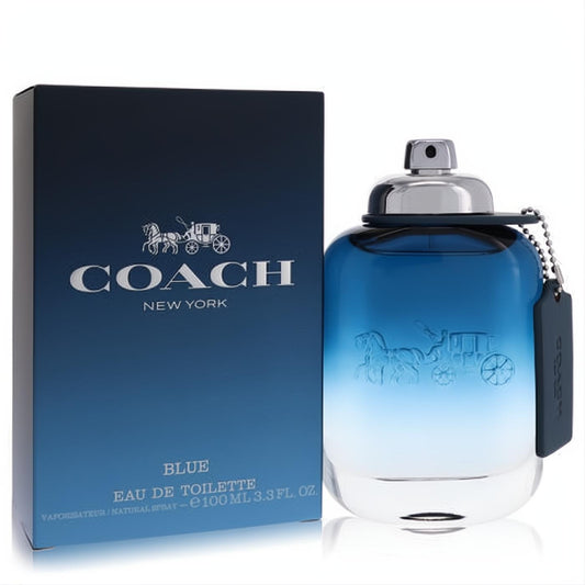 Coach Blue men's 3.3 oz EDT, a sleek blue gradient bottle with silver cap, signature Coach tag, and matching box.