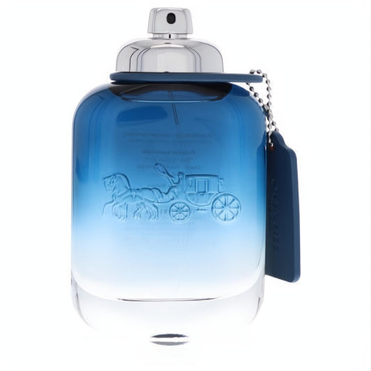 Coach Blue men's fragrance in a sleek ombre blue glass bottle with a silver cap, iconic horse and carriage logo, and stylish blue tag.