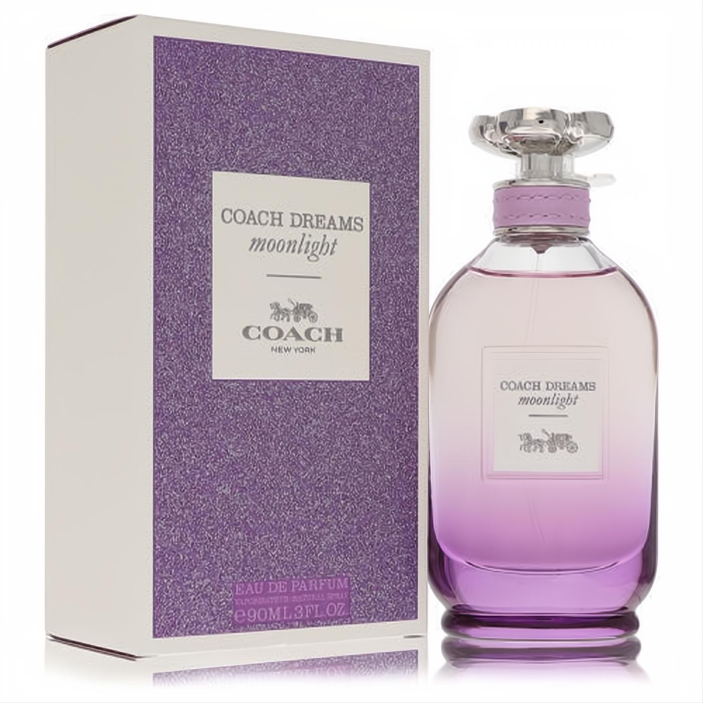 Coach Dreams Moonlight 3 oz EDP. Stunning purple gradient bottle, clear floral cap, and shimmering lavender box.