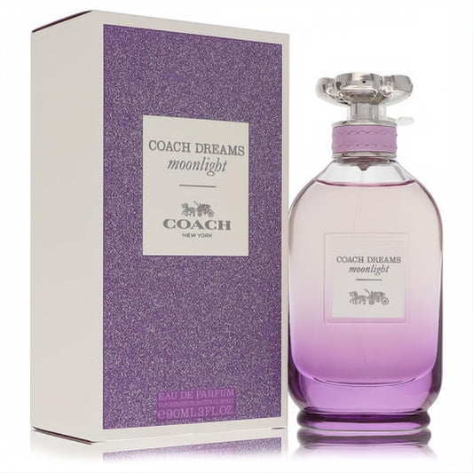 Coach Dreams Moonlight 3 oz EDP. Stunning purple gradient bottle, clear floral cap, and shimmering lavender box.