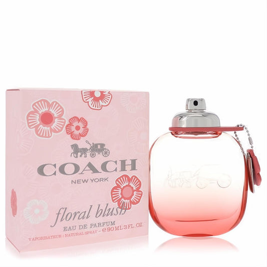 Coach Floral Blush 3 oz Eau de Parfum. Stunning ombre pink glass bottle with silver cap, pink leather tag, and coordinating floral box.