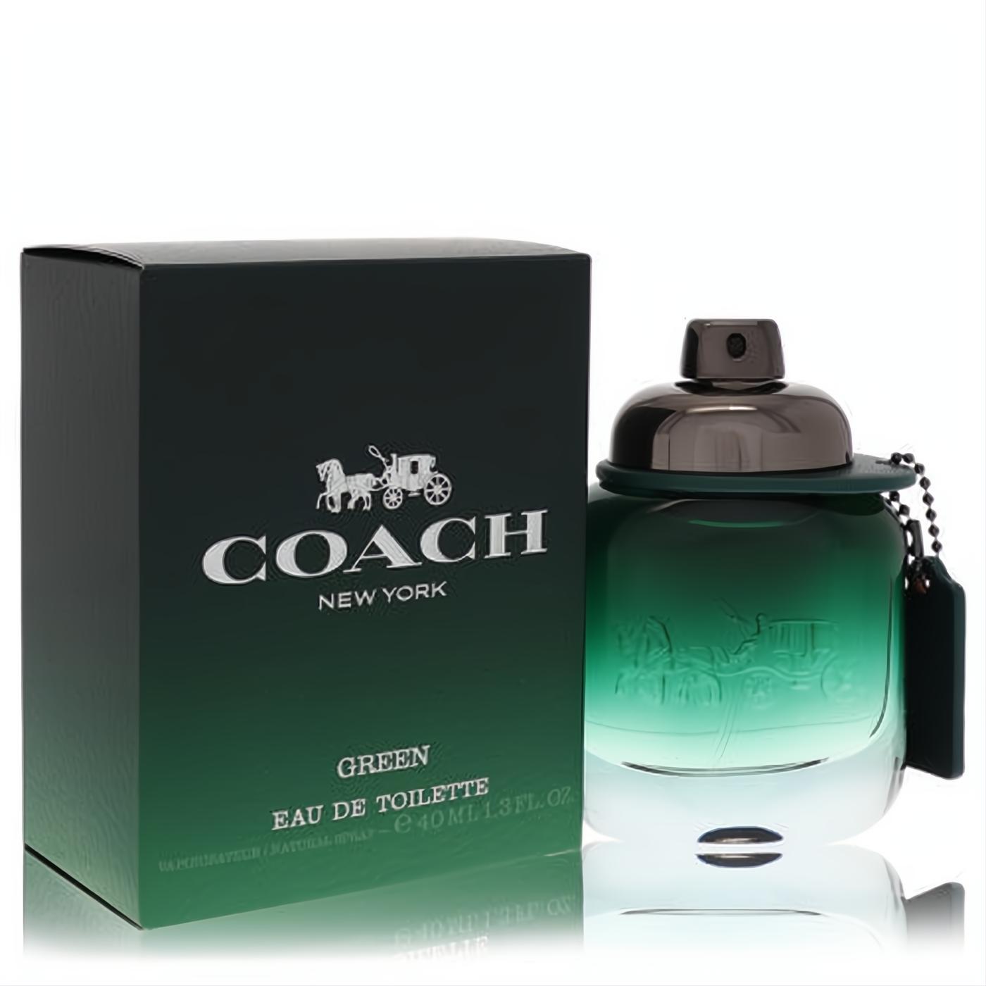 Coach Green men's 1.3 oz EDT spray. Sophisticated green gradient glass bottle with metallic cap, embossed logo, and elegant box.