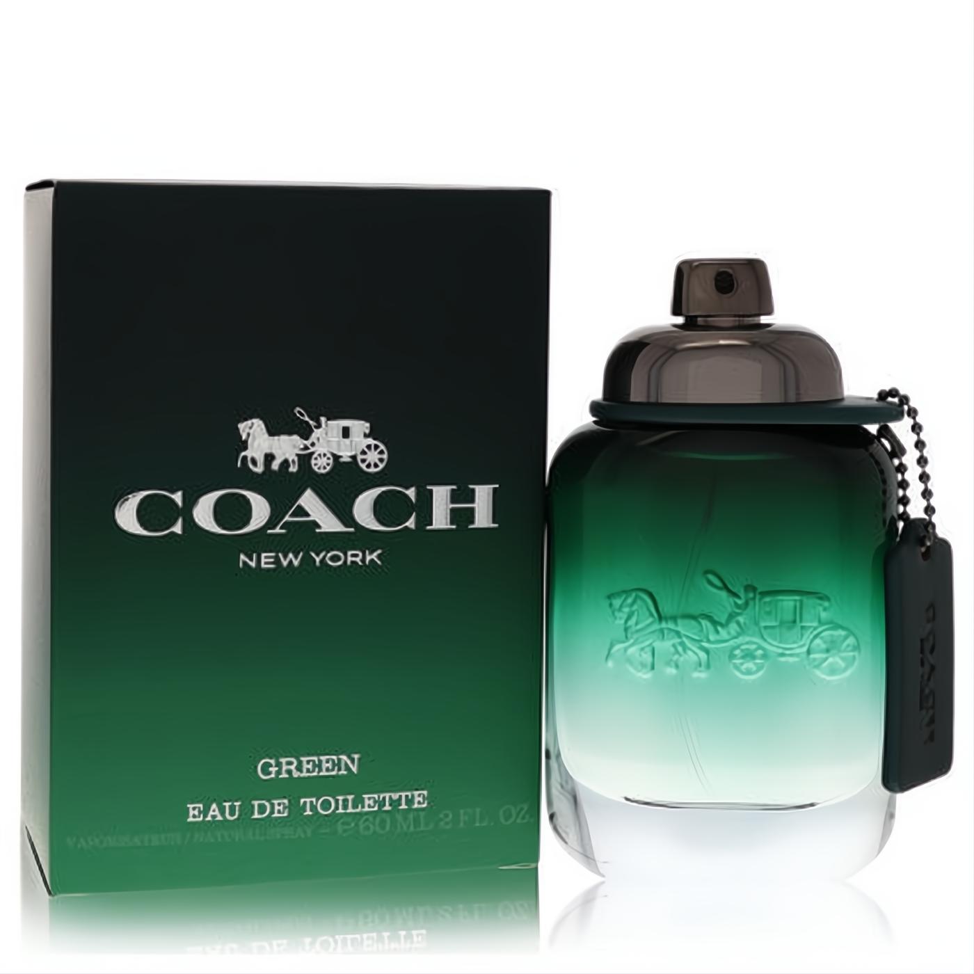 Coach Green 2 oz men's EDT. Elegant dark green gradient bottle with signature Coach tag and branded box.