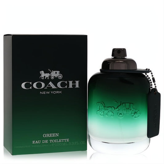 Coach Green 3.3 oz men's EDT spray. Elegant dark green gradient bottle with embossed logo, beside its branded box. Discover your signature scent.