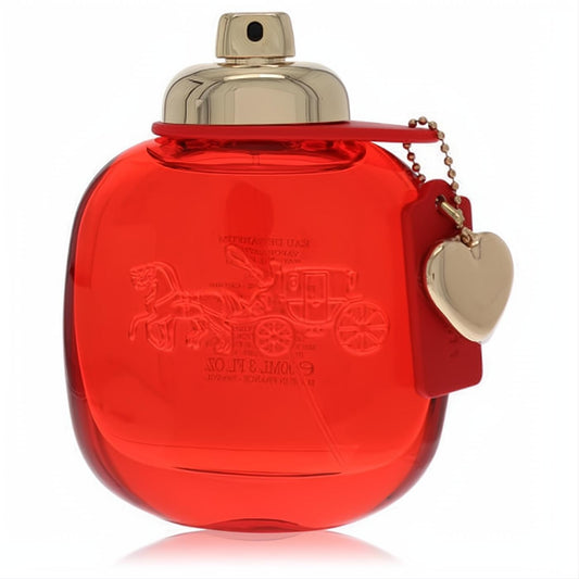 Coach Love 3 oz Eau de Parfum: stunning red bottle with embossed carriage logo, elegant gold cap, and a charming heart tag.