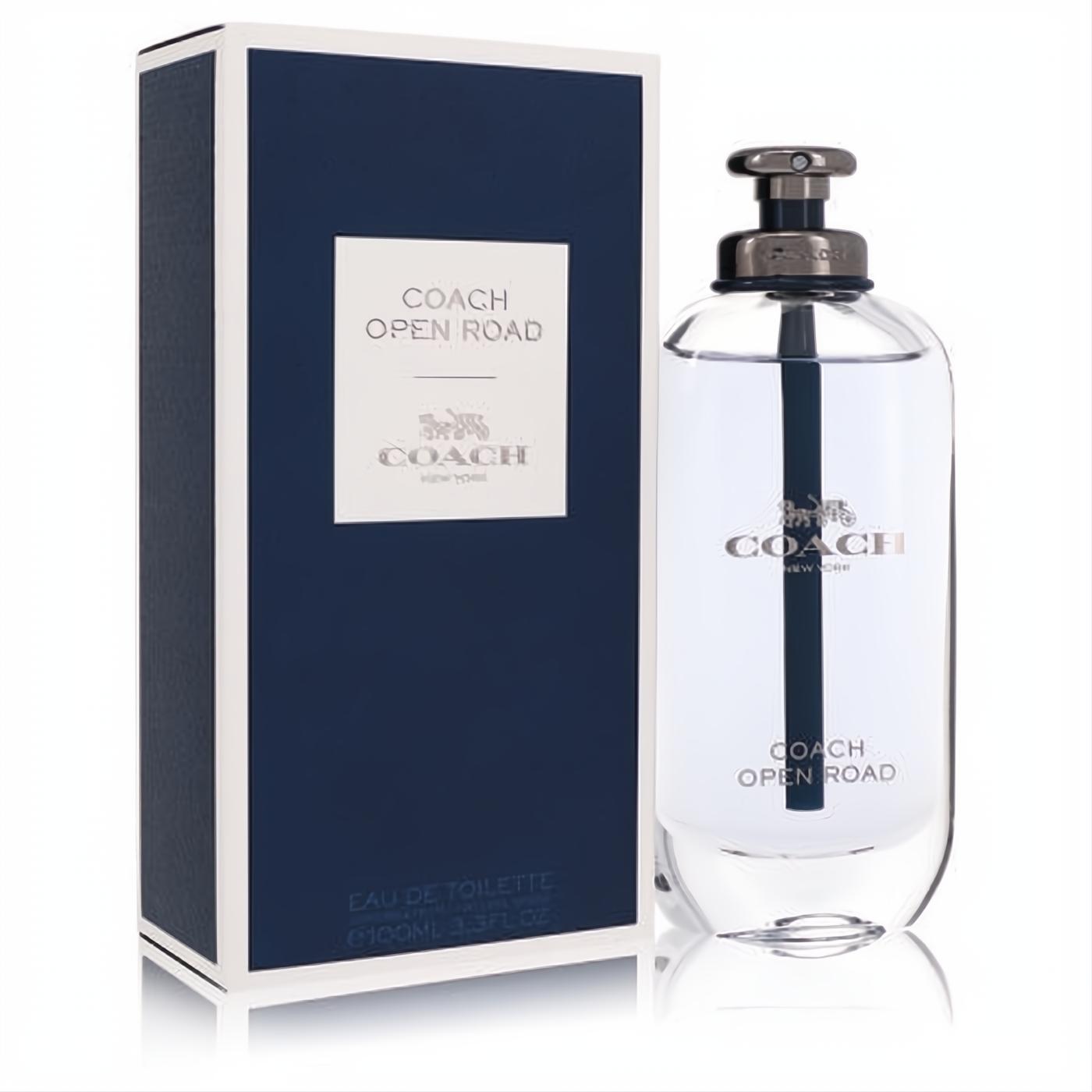 Coach Open Road men's 3.3 oz Eau de Toilette. Sleek clear glass bottle with dark cap and silver logo, next to its elegant dark blue box.