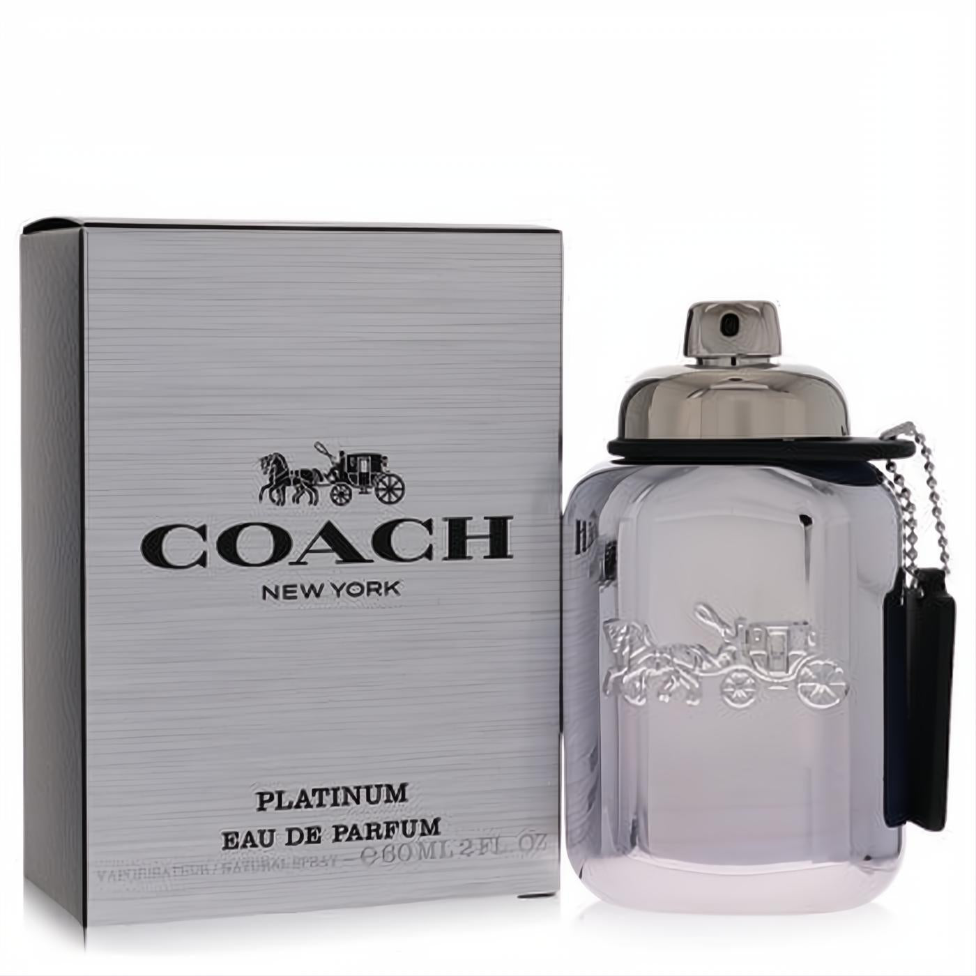 Coach Platinum 2 oz men's EDP. Luxurious metallic silver bottle with embossed carriage logo, black leather tag, and sleek box.
