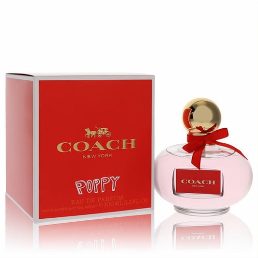 Iconic Coach Poppy Eau De Parfum 3.3 oz spray. Vibrant red box, elegant pink bottle with gold cap & signature red ribbon.