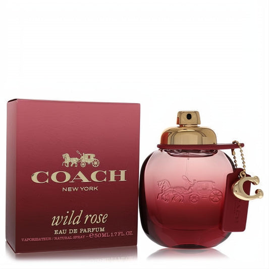 Coach Wild Rose 1.7 oz EDP. Gradient rose to deep red glass bottle, gold cap, iconic C charm. Luxurious women's fragrance.