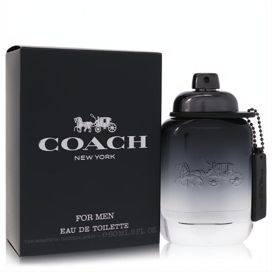 Sophisticated Coach for Men 2 oz EDT spray in a sleek dark grey gradient bottle with embossed carriage logo, and elegant matte black box.