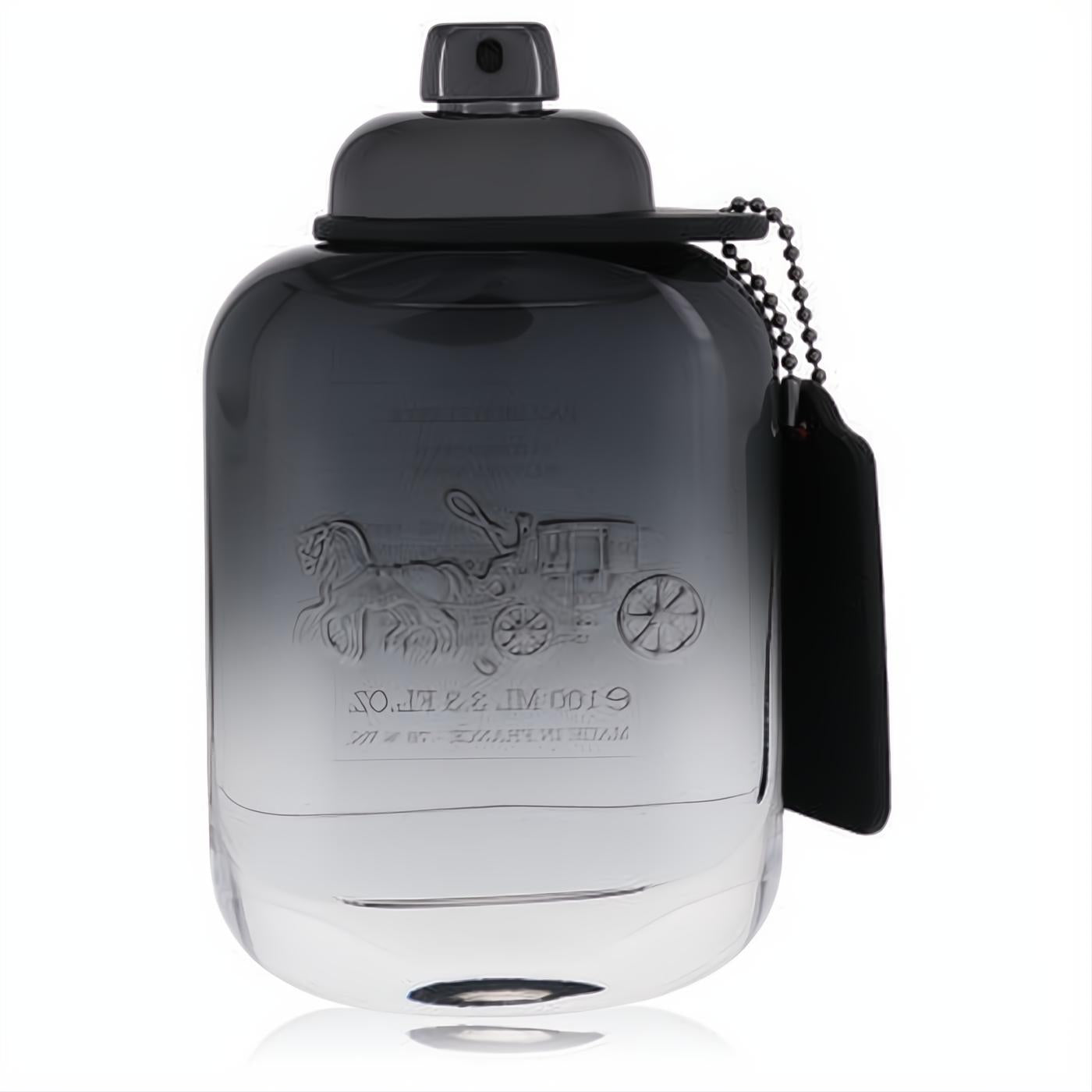 Coach for Men 3.3 oz Eau De Toilette spray bottle with sleek ombre grey glass, iconic embossed logo, and black cap.