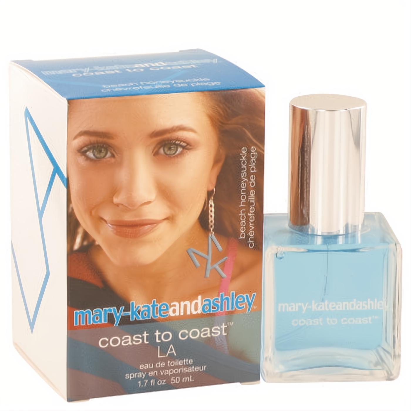 Mary-Kate and Ashley Coast to Coast LA Beach Honeysuckle 1.7 oz EDT. Blue glass bottle, silver cap, vibrant white box.