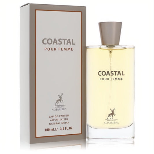 Maison Alhambra Coastal Pour Femme 3.4 oz EDP. Captivating golden liquid in a sleek glass bottle with elegant beige box.