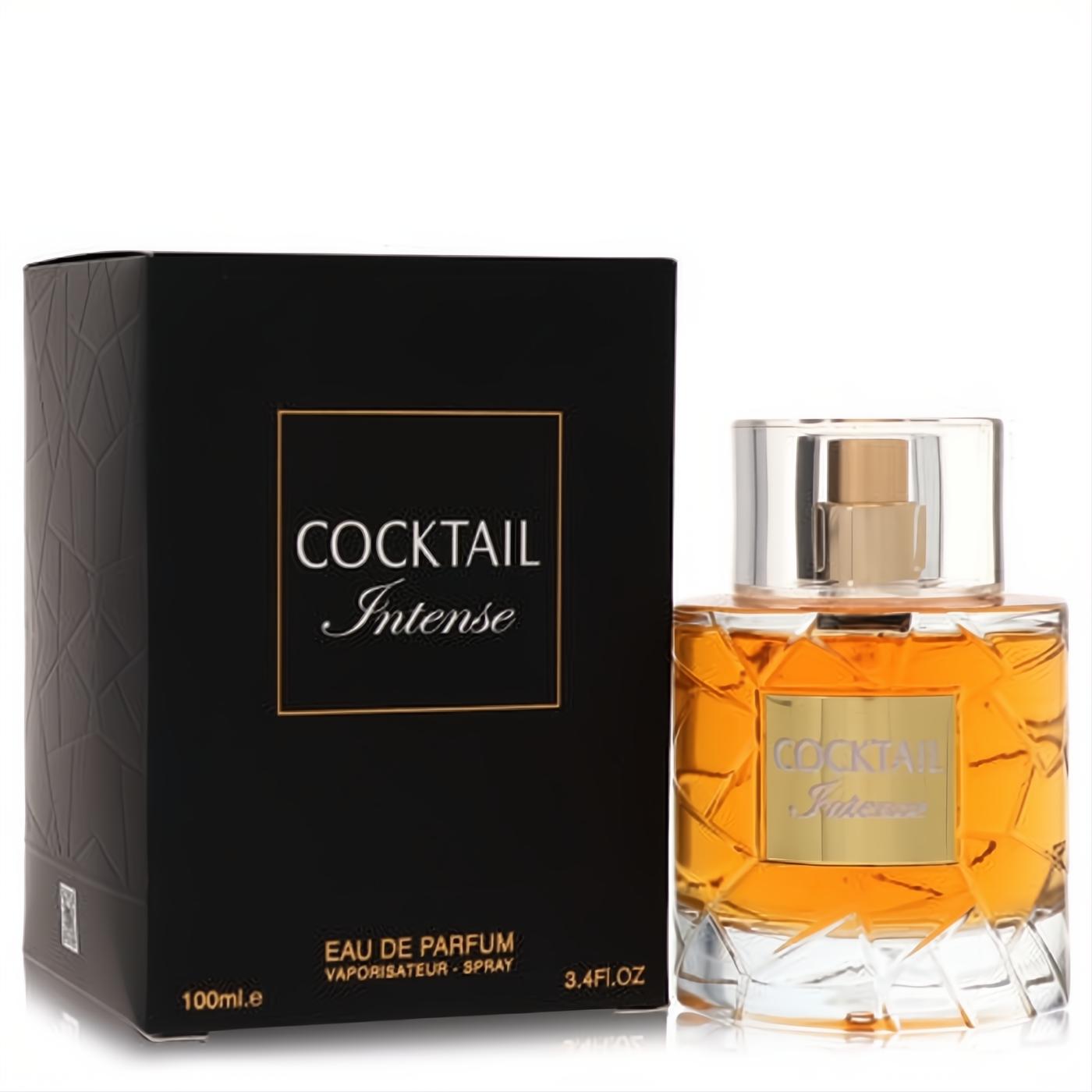 Cocktail Intense 3.4 oz unisex Eau De Parfum spray. Amber faceted glass bottle with clear cap, next to its sophisticated black box.
