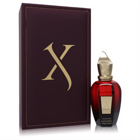 Exquisite Xerjoff Coffee Break Golden Dallah 1.7 oz unisex EDP. Deep red glass bottle, opulent gold cap, and luxurious burgundy box with gold X.