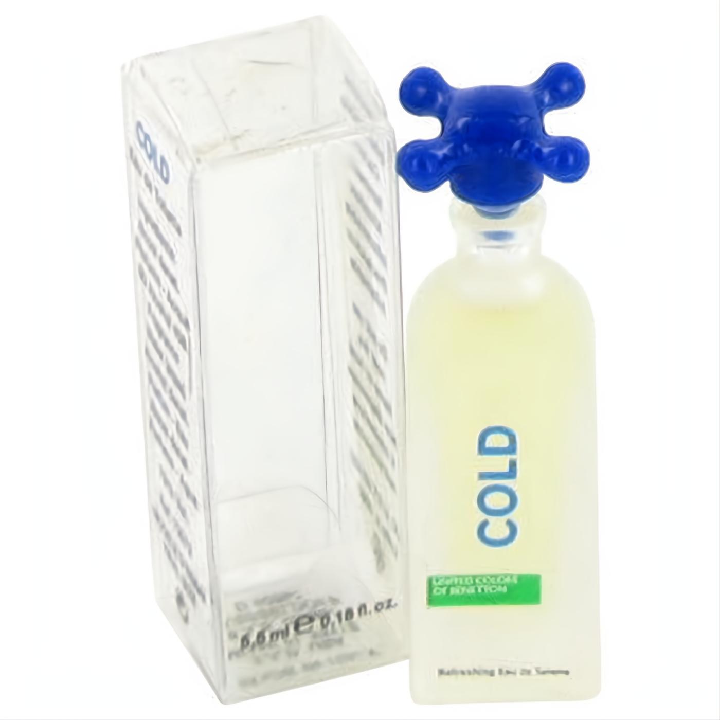 Experience Benetton Cold mini EDT. Frosted glass bottle, light yellow liquid, and a unique blue cap. Luxurious 0.18 oz unisex scent.