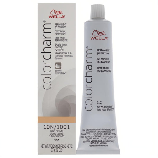 Wella Color Charm 10N 1001 Satin Blonde permanent hair color gel, 2 oz tube and box, for excellent gray coverage.