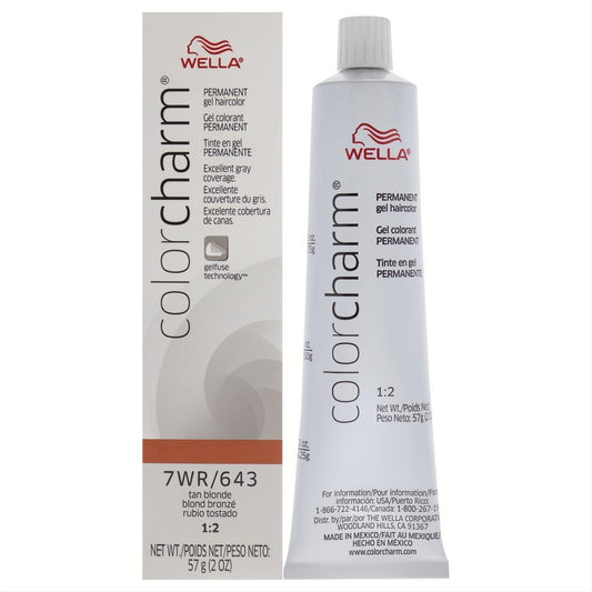 Wella Color Charm 7WR 643 Tan Blonde permanent hair color gel, 2 oz tube and box, for vibrant, lasting color and excellent gray coverage.