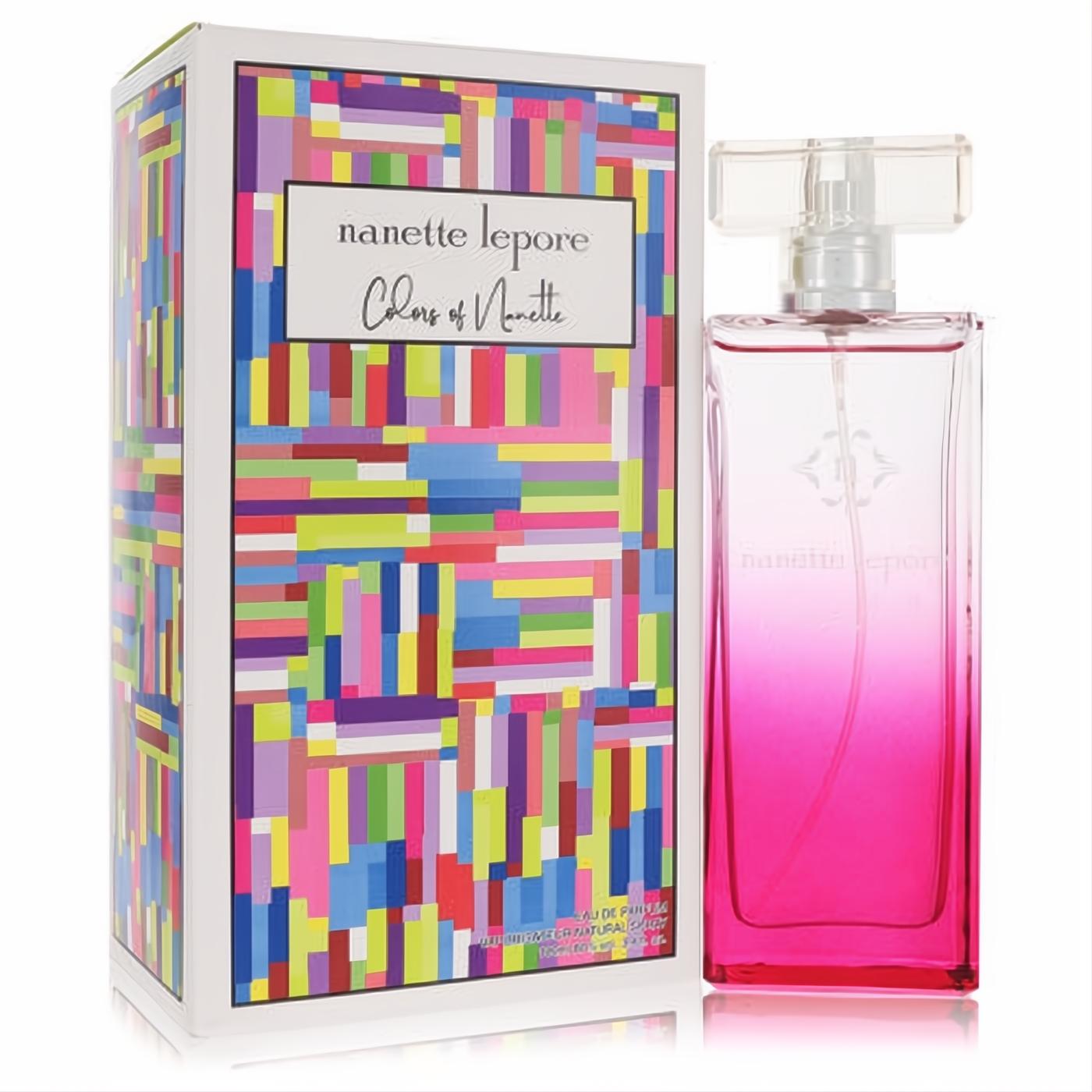 Colorful Nanette Lepore Colors of Nanette 3.4 oz EDP. Fuchsia pink gradient glass bottle with vibrant geometric box design.