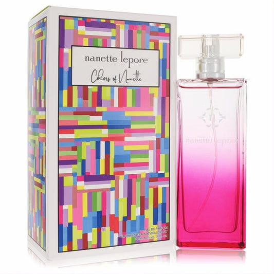 Colorful Nanette Lepore Colors of Nanette 3.4 oz EDP. Fuchsia pink gradient glass bottle with vibrant geometric box design.