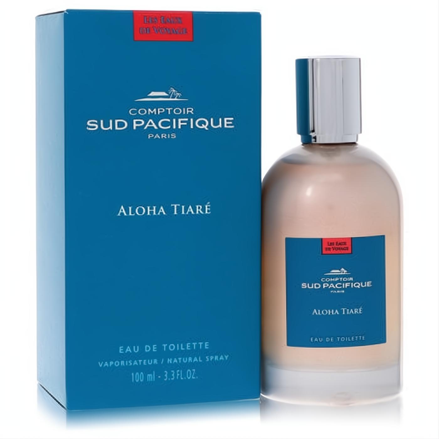 Comptoir Sud Pacifique Aloha Tiare 3.4 oz Eau De Toilette spray. Luxurious peach bottle and vibrant blue box.