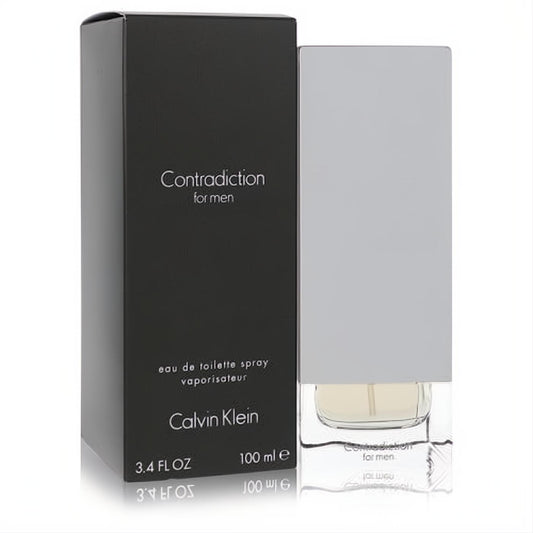 Calvin Klein Contradiction for Men 3.4 oz EDT. Modern silver-capped clear glass bottle and sleek black box for this iconic fragrance.
