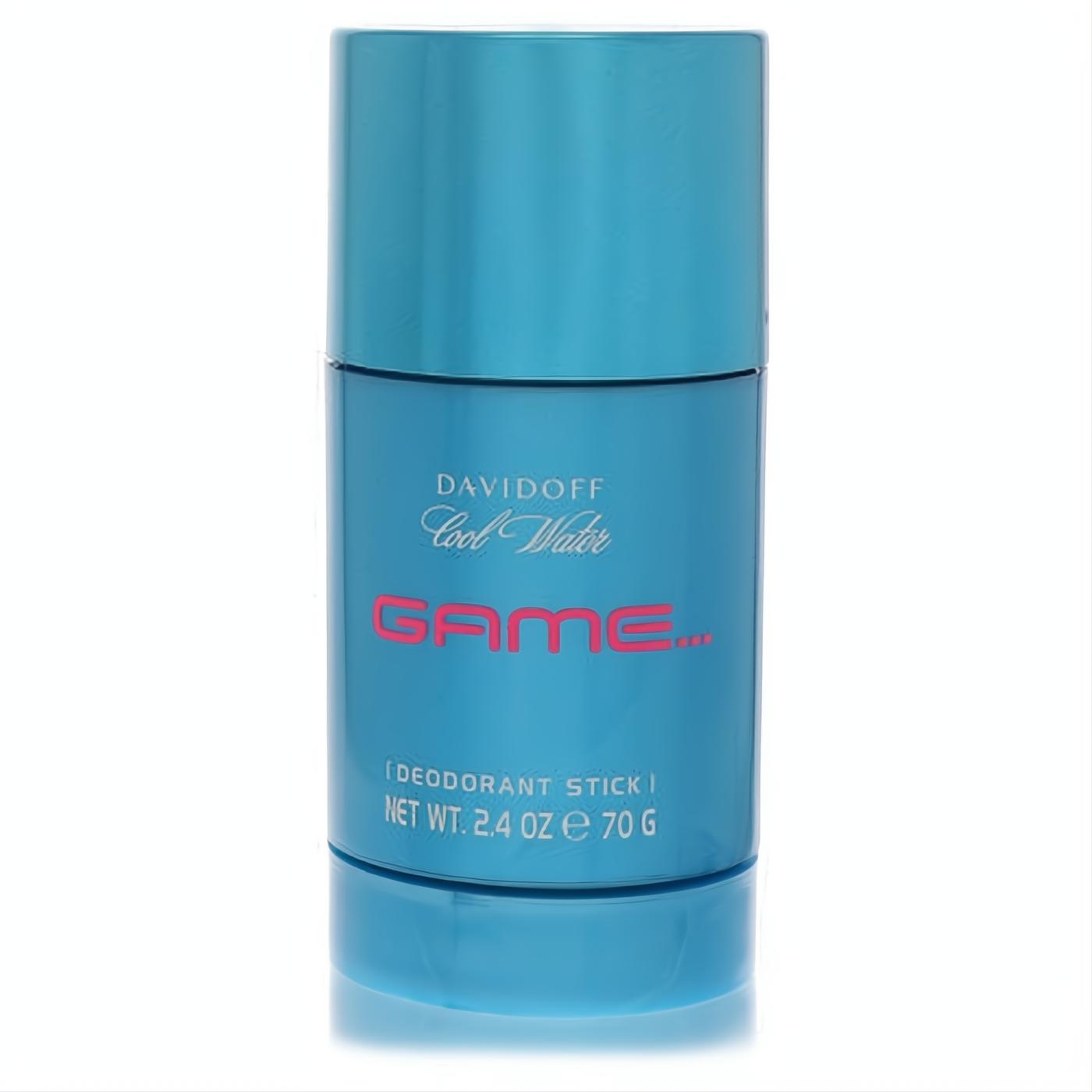 Experience the fresh scent of Davidoff Cool Water Game 2.4 oz deodorant stick. Sleek blue container with bold pink 'GAME' branding.
