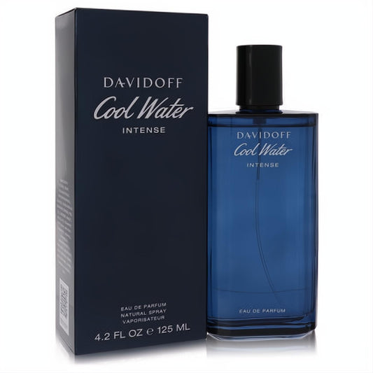 Davidoff Cool Water Intense 4.2 oz men's fragrance. Bold dark blue glass bottle with black cap and sleek matching box.