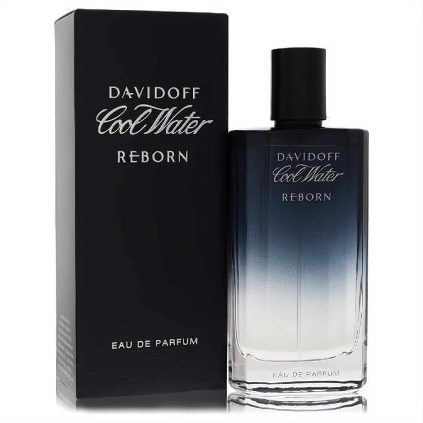 Davidoff Cool Water Reborn 3.3 oz EDP. Striking dark blue gradient glass bottle with black cap and elegant matching box.