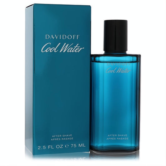 Experience Davidoff Cool Water After Shave 2.5 oz. Iconic blue glass bottle with black cap and matching teal box.