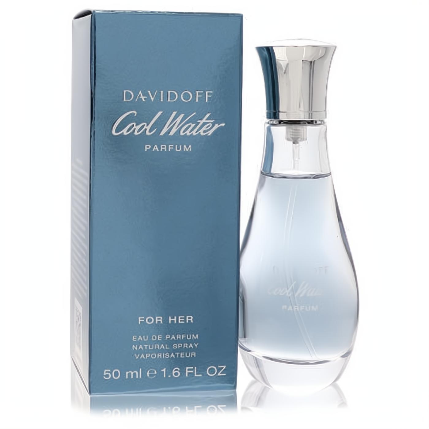 Davidoff Cool Water 50ml women's EDP spray. Vibrant blue box and elegant clear glass bottle with silver cap.