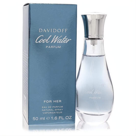 Davidoff Cool Water 50ml women's EDP spray. Vibrant blue box and elegant clear glass bottle with silver cap.