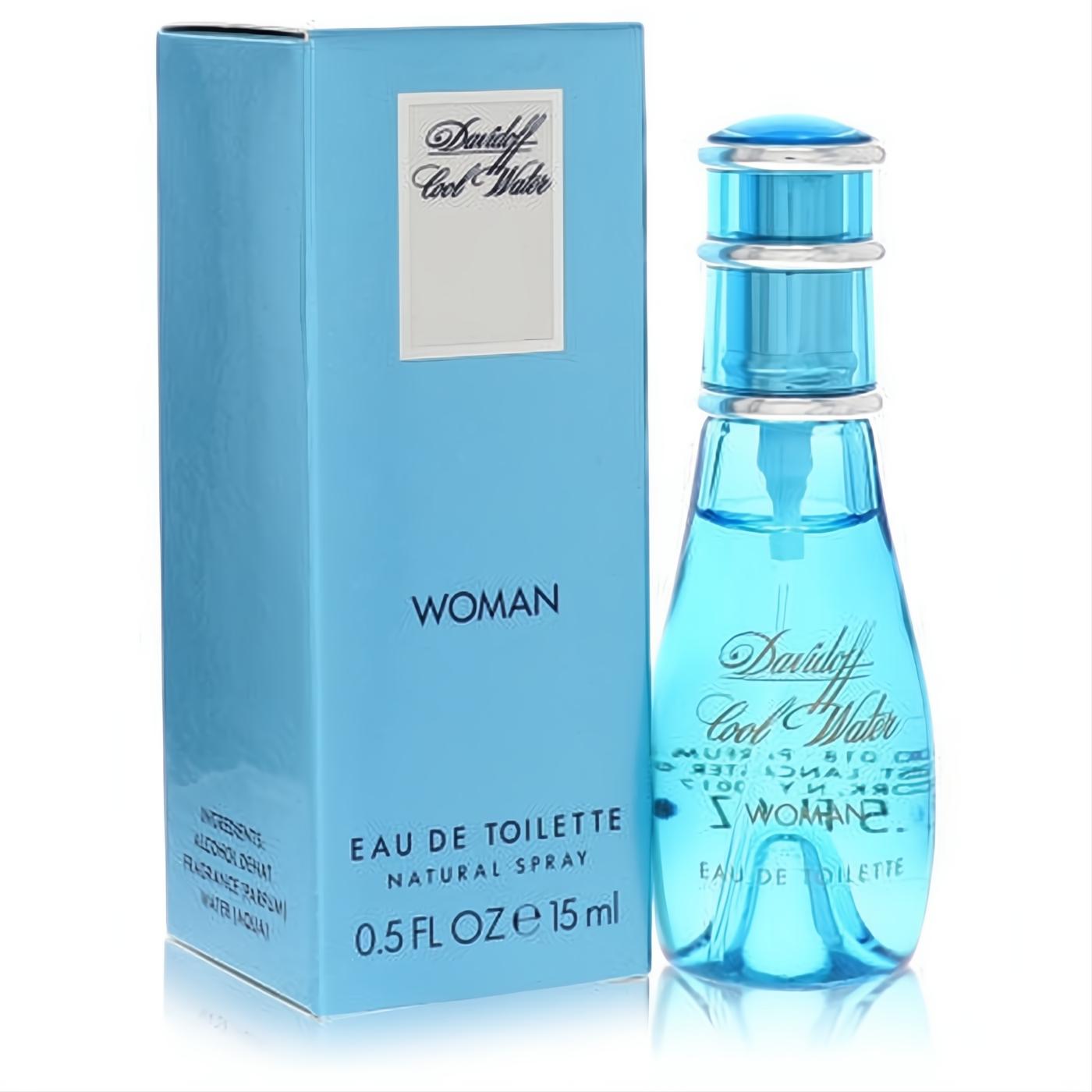 Davidoff Cool Water Woman 0.5 oz EDT. Fresh light blue box and elegant blue glass spray bottle with a sleek silver cap.
