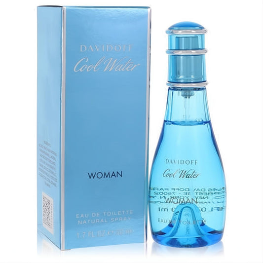 Davidoff Cool Water Woman 1.7 oz EDT. Elegant light blue glass bottle with silver accents and matching box, capturing ocean freshness.