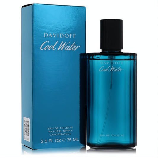 Experience the legendary Davidoff Cool Water 2.5 oz men's EDT spray in its iconic blue glass bottle and sleek matching box.