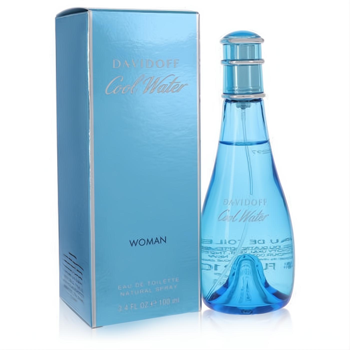 Davidoff Cool Water Woman 3.4 oz EDT perfume. Iconic light blue glass bottle with elegant curves and matching box.