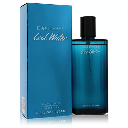 Davidoff Cool Water 4.2 oz Eau de Toilette spray. Iconic blue glass bottle with sleek black cap and matching vibrant blue box.