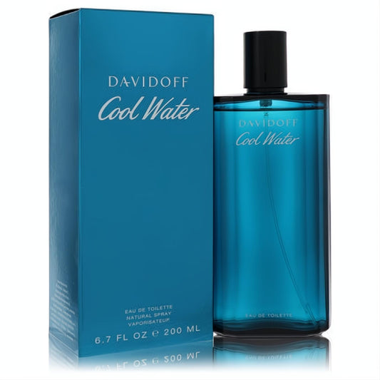 Davidoff Cool Water 6.7 oz men's EDT spray. Iconic vibrant blue bottle with black cap and matching box.