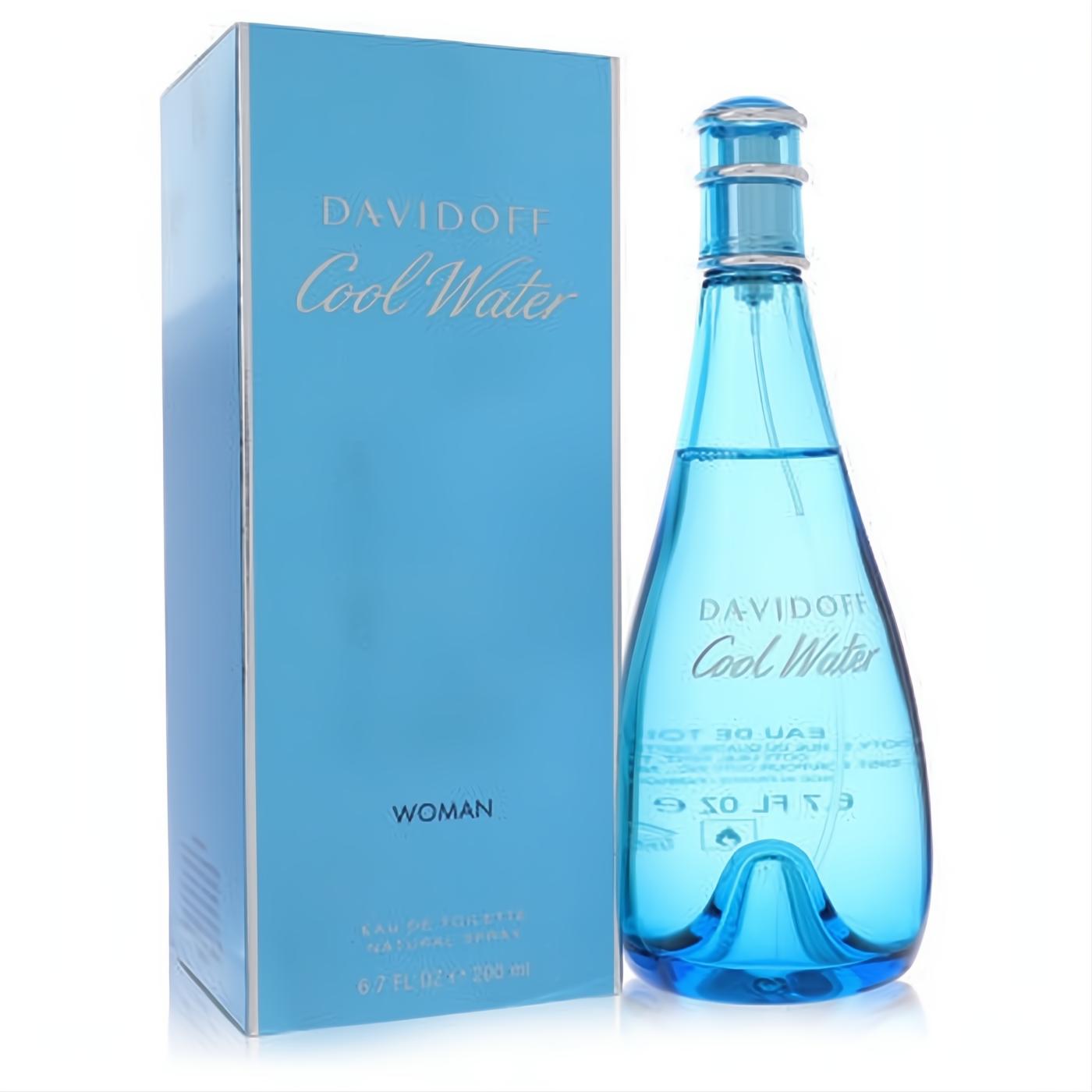 Elegant Davidoff Cool Water Women's 6.7 oz Eau De Toilette spray. Iconic blue glass bottle and matching box for a fresh, flowery scent.