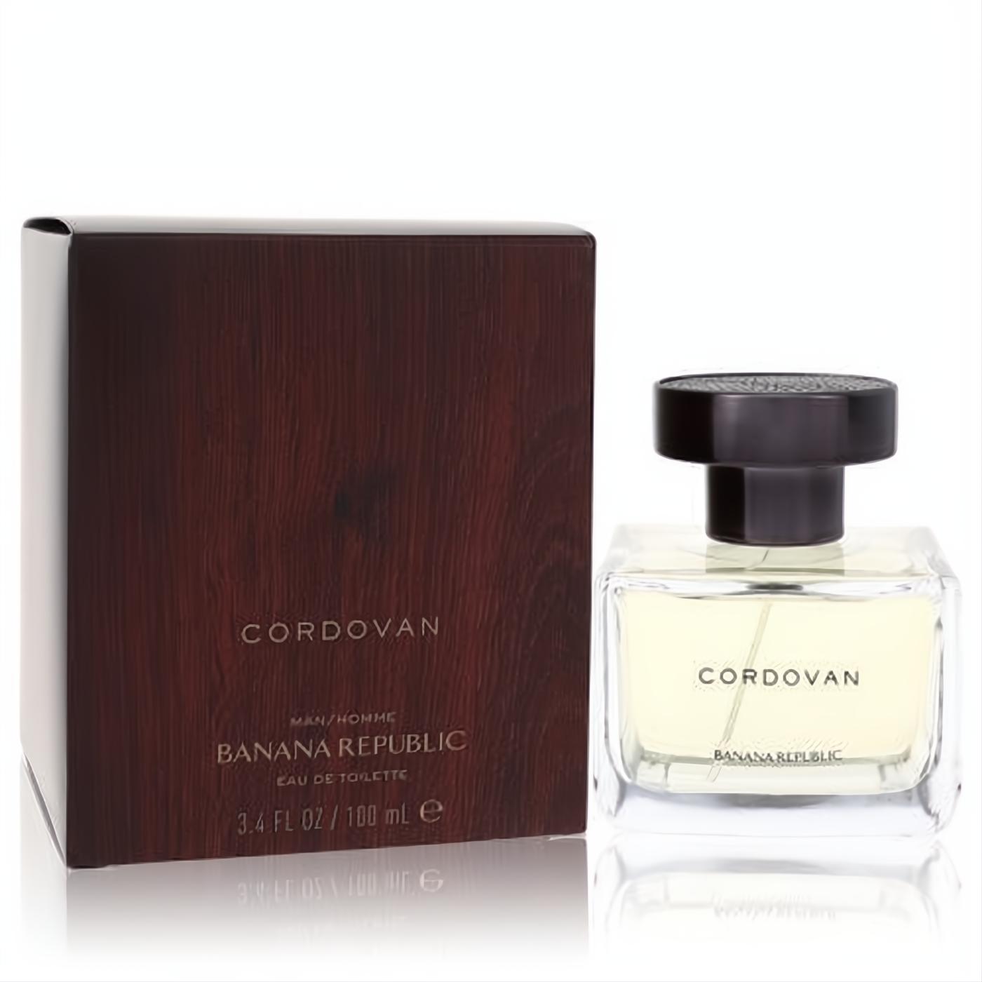 Banana Republic Cordovan 3.4 oz EDT spray. Elegant clear glass bottle with dark cap, presented with its rich, deep brown textured box.