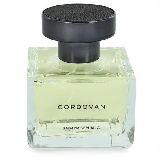 Cordovan by Banana Republic men's EDT: Sleek clear glass square bottle, pale yellow fragrance, dark textured cap.