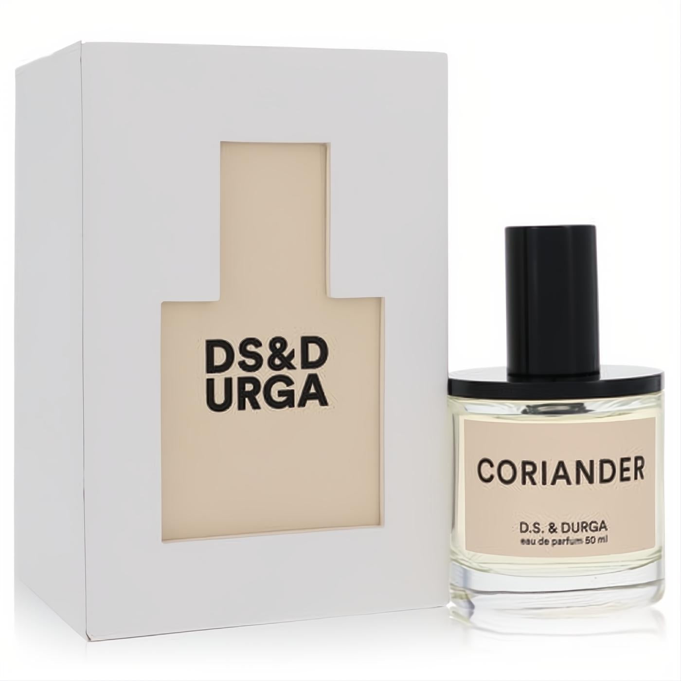 D.S. & Durga Coriander 1.7 oz women's Eau De Parfum. Clear bottle, black cap, elegant white box with logo.
